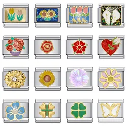 New Fashion Y2k Cute Women Girls Glaze Rose Flower Clover Charm Links Fit 9mm Stainless Steel Bracelet DIY Making Jewelry