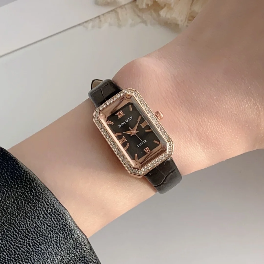 Casual Women's Coffee Brown Leather Strap Watch Fashionable With Rhinestone Watches Rectangle Dial Wristwatch reloj para mujer