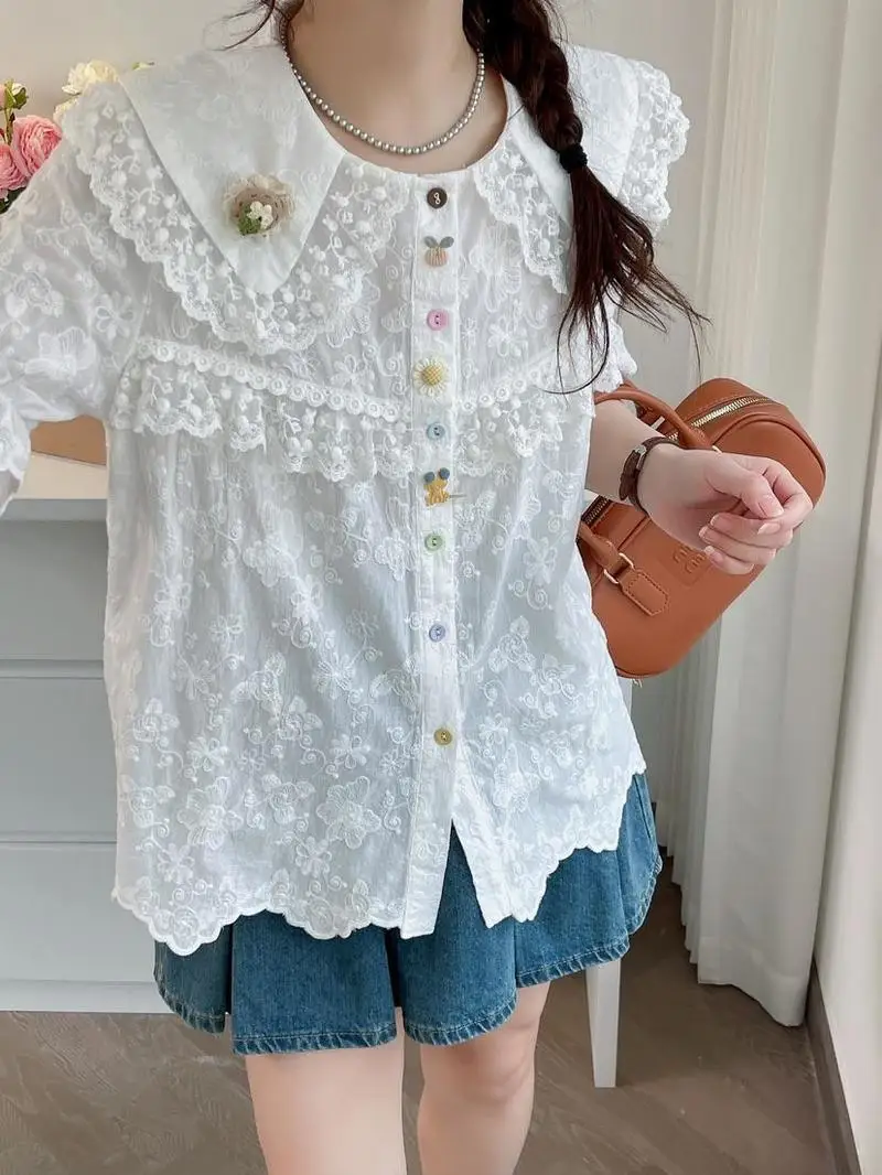 

Mori Girls Autumn Spring Japan Style Peter Pan Collar Lace Patchwork Hand-made Embroider Shirts Women Cotton Blouses