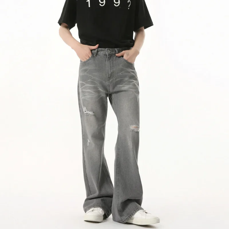 

SYUHGFA New Trendy Male Hole Jeans Flare Pants Solid Color Summer Men Wear Washed Bottoms High Street Men Clothing Trend 2025