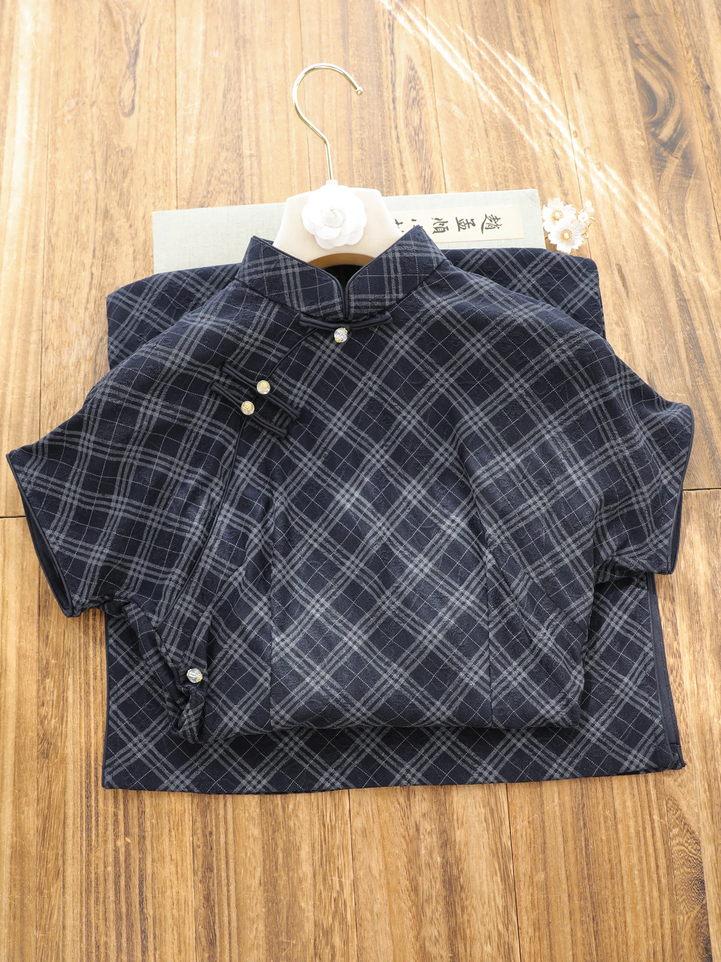 

Женское короткое платье в клетку в винтажном китайском стиле для повседневной носки, дышащее, с низким разрезом, из полиэфирного волокна