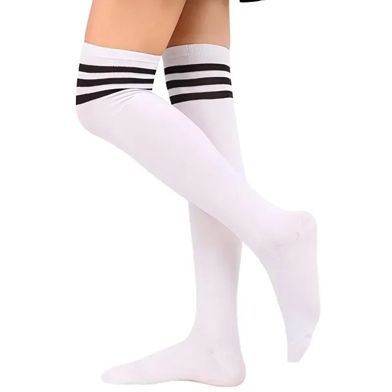 Moda mujer Sexy sobre la rodilla calcetines altos hasta el muslo negro blanco rayas Lolita estudiante medias japonesas para damas niñas