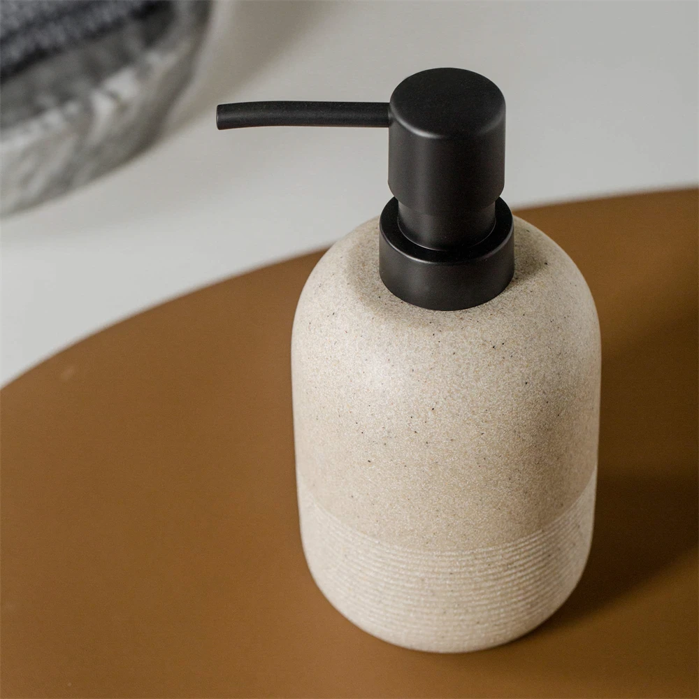 2Pcs Beige Resin Soap Dispenser Set, 10.6oz Refillable Liquid Lotion Dispenser, Modern Countertop Pump Bottle for Bathroom Vanit