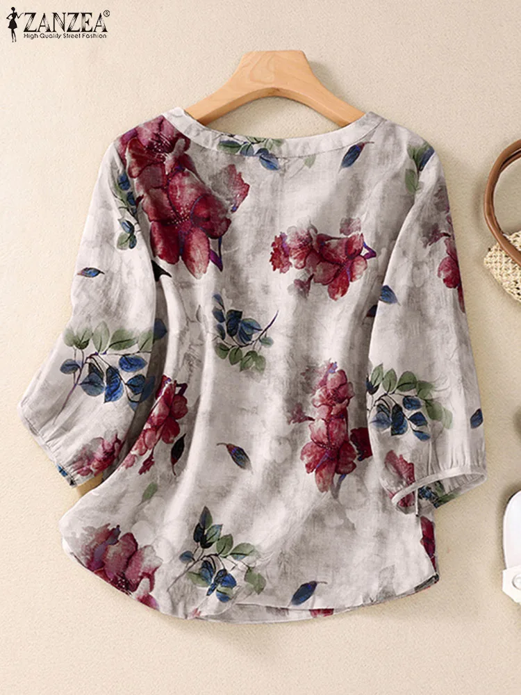 ZANZEA 2024 Bohemian 3/4 Sleeve Tunic Tops Casual Holiday Beach Blusas Chemise Work Shirt Vintage Summer Floral Printed Blouse