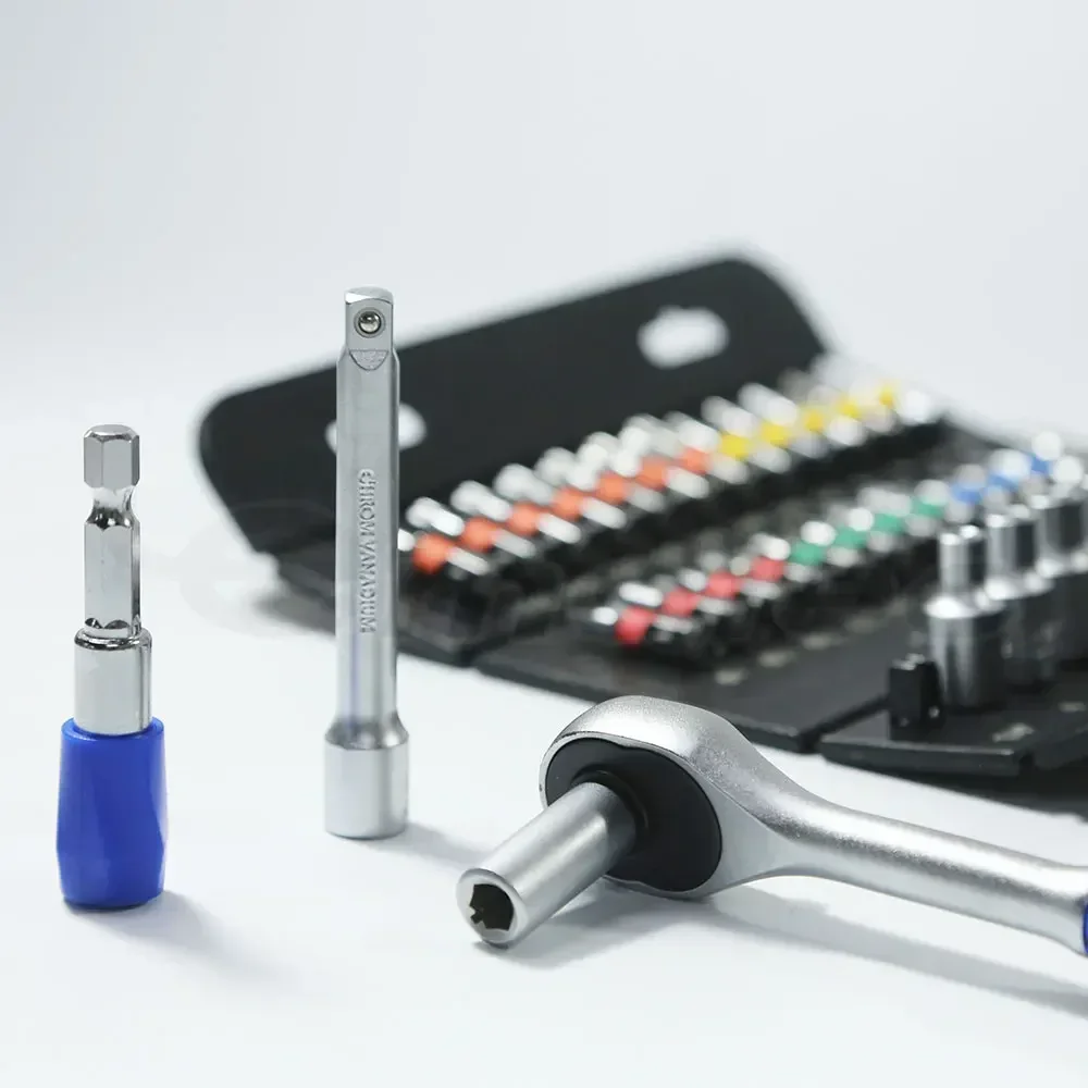 37-teiliges Handwerkzeug-Set für Auto, Auto, Reparatur mit Steckdosen, Bit-Handratschenschlüssel