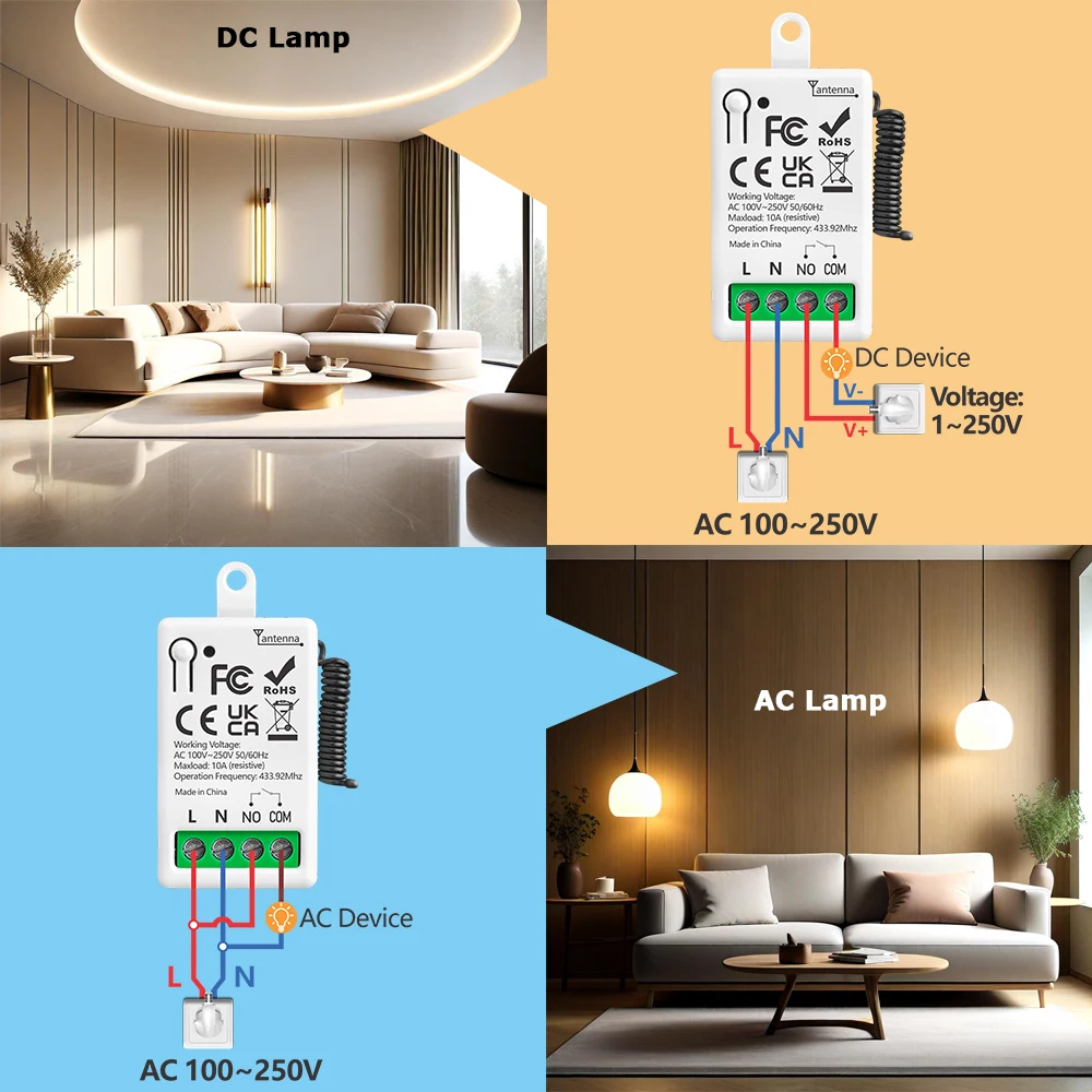 433MHz ワイヤレスリモコン AC 220V 1CH 10A ミニサイズリレー受信機ランプライト電動ファンスイッチ家電