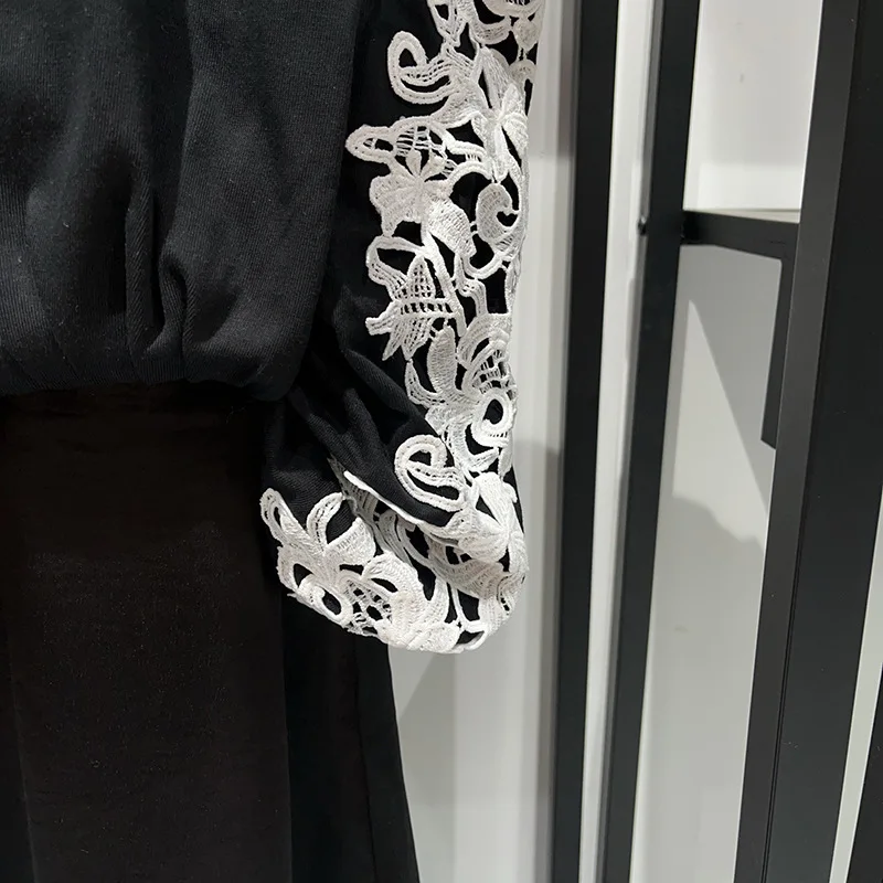 Nicho 2025 primavera/verão férias duas cores contrastantes rendas floral tripulação pescoço retalhos cetim vestido elegante y2k