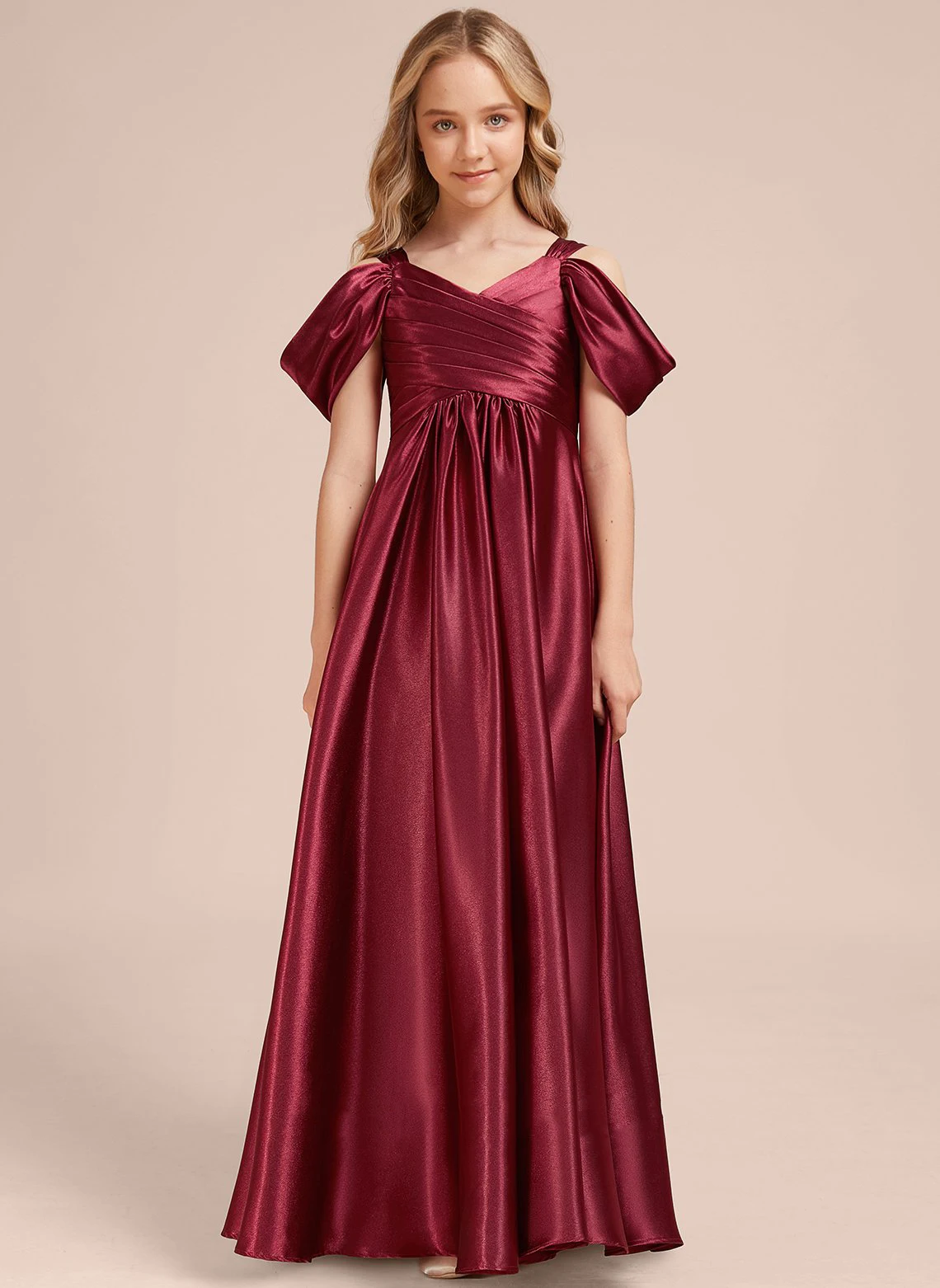 YZYmanualroom A-line Cold Shoulder Floor-Length Stretch Satin Junior Bridesmaid Dress/Customizable