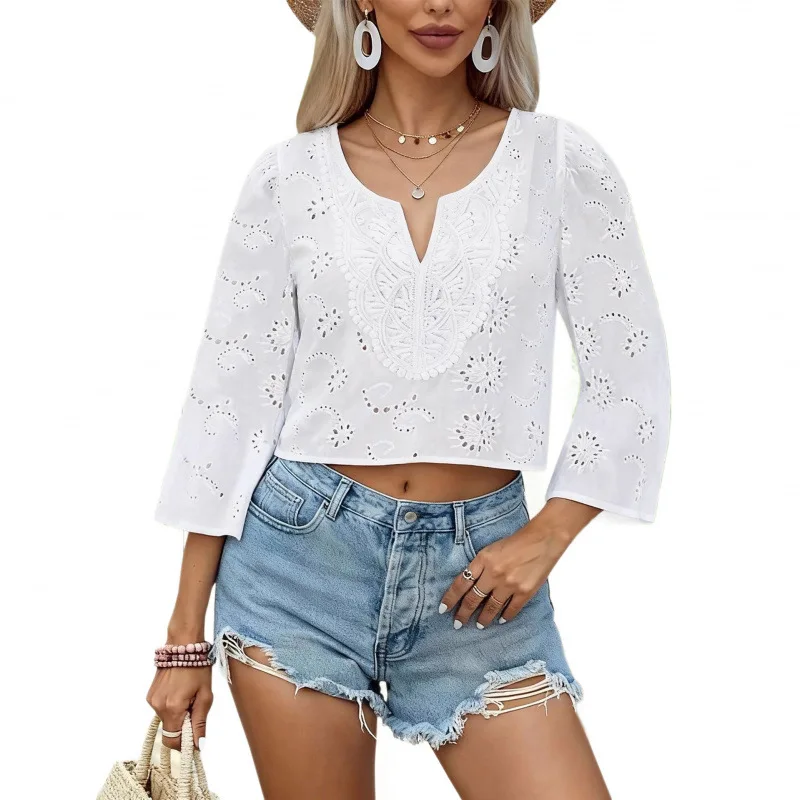 

Fashion Women V-neck Hollow Out White Blouse Autumn Three-quarters Sleeve Loose Casual Shirt Embroidery Elegant Tops