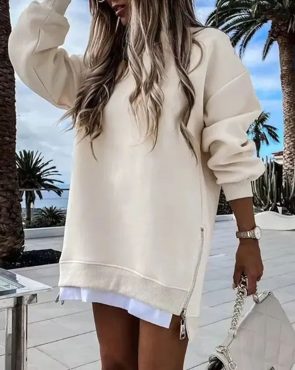 Style Pullover Hoodie Regular Fit Commute Style with Round Neck Asymmetrical No Hood Standard Length Single Women Sweatshirt