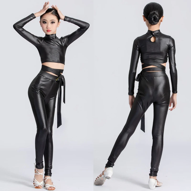 

Black Leather Latin Top Pants Girls Ballroom Dance Competition Clothing Kids Samba Rumba Performance Dancing Costume DWY9834