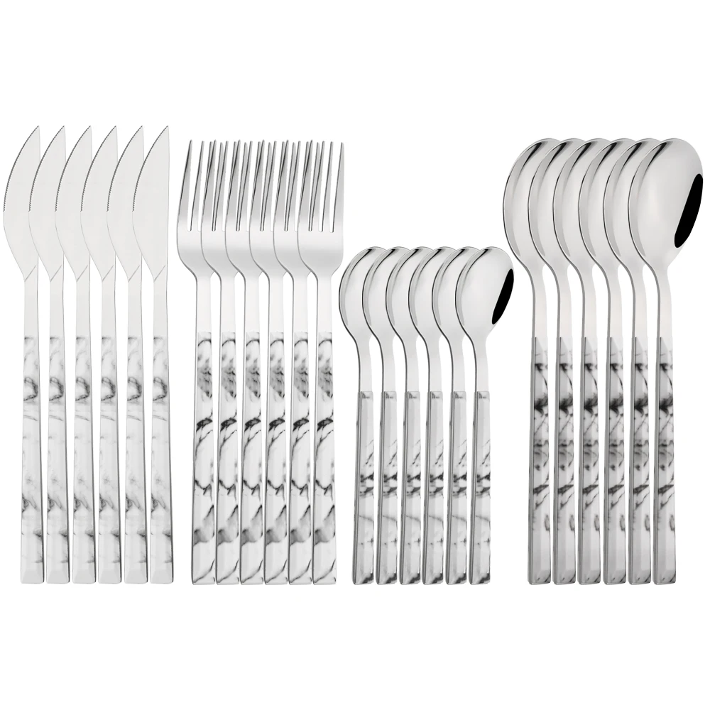 24Pcs High Quality Cutlery Set Knife Fork Spoon Dinnerware Set Stainless Steel Flatware Creative Imitation Wood Handle Tableware