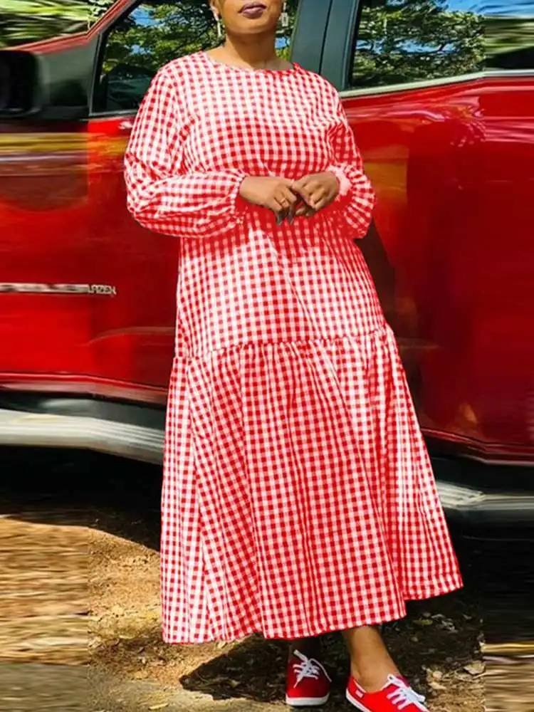 

Plus Size 5XL VONDA Bohemian Plaid Sundress Women O-Neck Long Sleeve Ruffled Maxi Long Dress Elegant Casual Vintage Vestidos