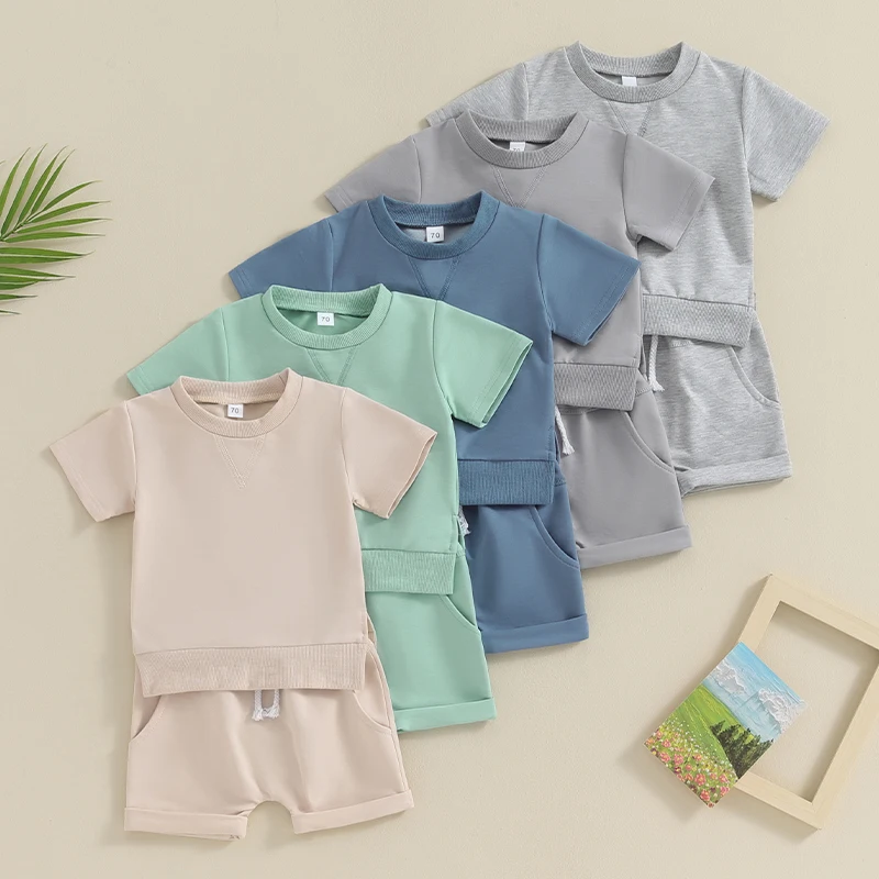 

0-3Y Newborn Infant Baby Boys Summer Clothes Casual Short Sleeve Side Slit Solid Color Tops + Elastic Waist Shorts Sets