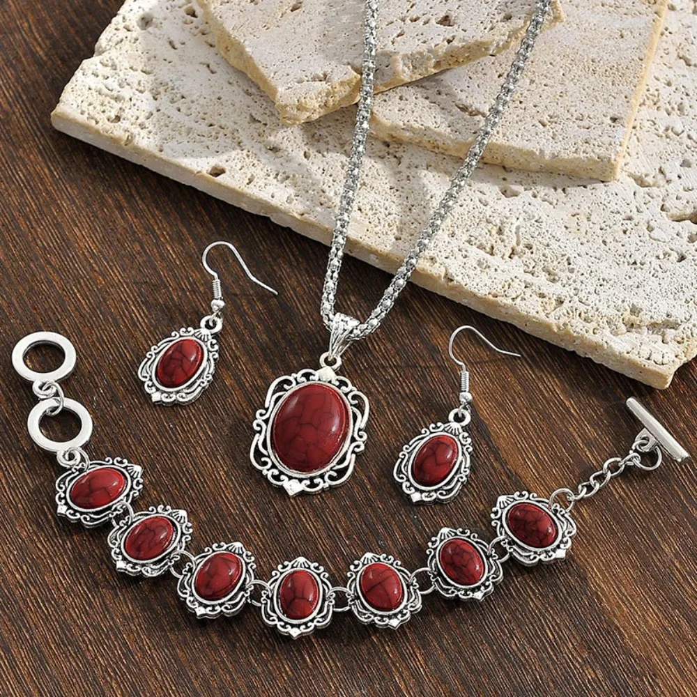 4Pcs/Set Vintage Boho Turquoise Jewelry Set Electroplating Euramerican Style Necklace Bracelet Earrings Set Classic Alloy