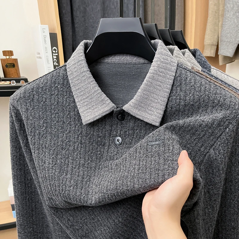 Hochwertiges Herren-Polohemd mit Print, Herbstneuheit, bequemes Langarm-T-Shirt mit Revers, einfarbig, modische Business-Herrenbekleidung – Detail 7