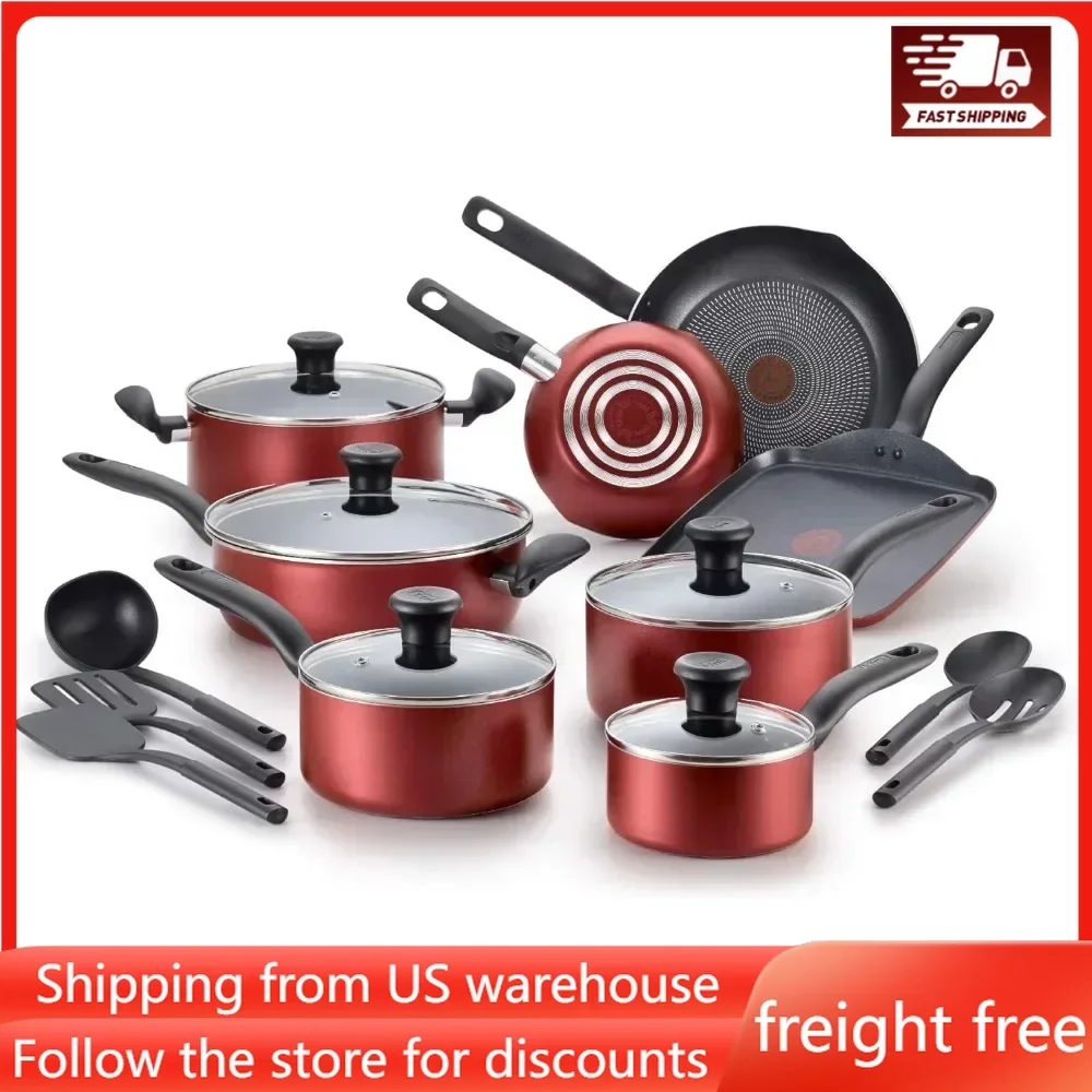 Nonstick Cookware Set 18 Piece Oven Safe 350F Pots and Pans, Dishwasher Safe Red, Effortless Cleanup, free shipping