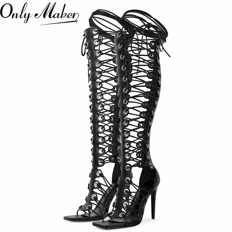 

Босоножки-гладиаторы Onlymaker с квадратным вырезом, перфорацией, перекрестной шнуровкой, на высоком каблуке, с молнией сзади, летние сандалии-ботинки на шнуровке