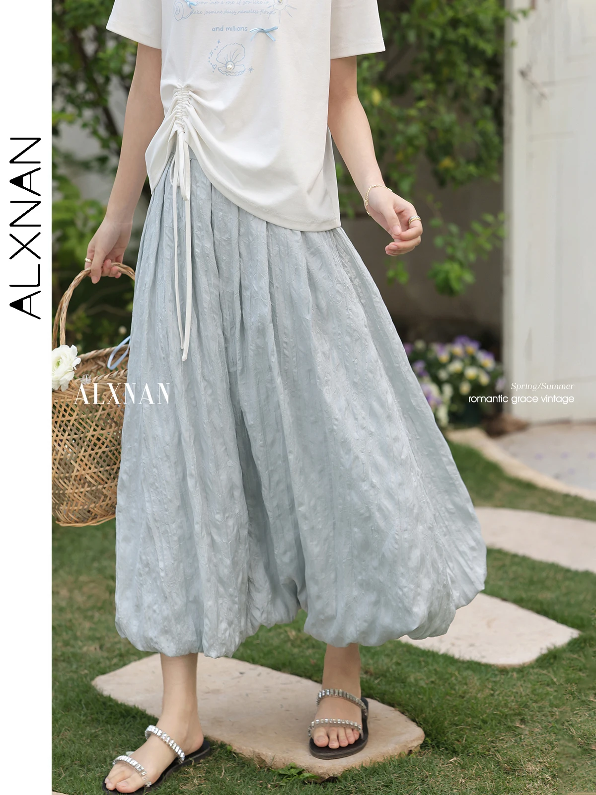 

ALXNAN Light Blue Skirt for Women 2025 Long A-line Slim Elegant Skirts Holiday Casual Loose-fit Versatile Ladies Clothing L53368