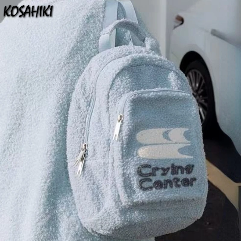 Japanese Fluffy Letter Embroidery Schoolbags Sweet Y2k Aesthetic Casual Backpacks Women Streetwear Casual Rucksacks Fashion Chic