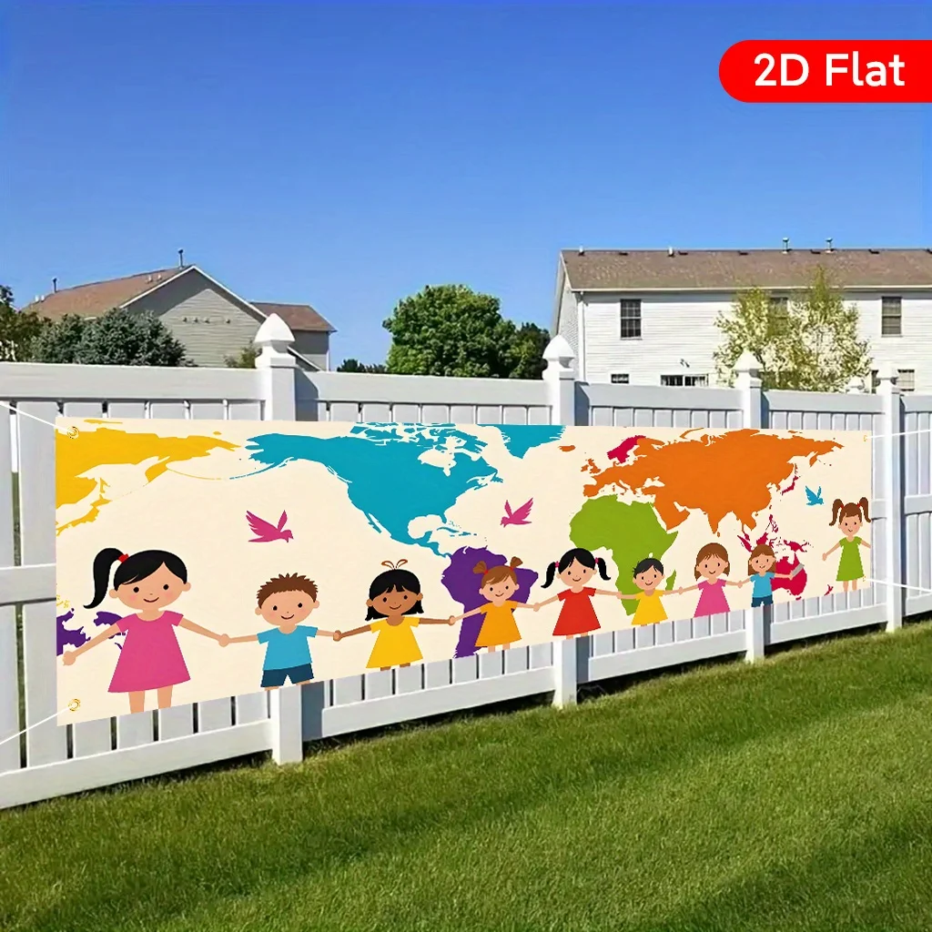 Children Holding Hands Map Banner - Single Piece Large Rectangular Yard Garden Birthday Celebration Indoor Outdoor