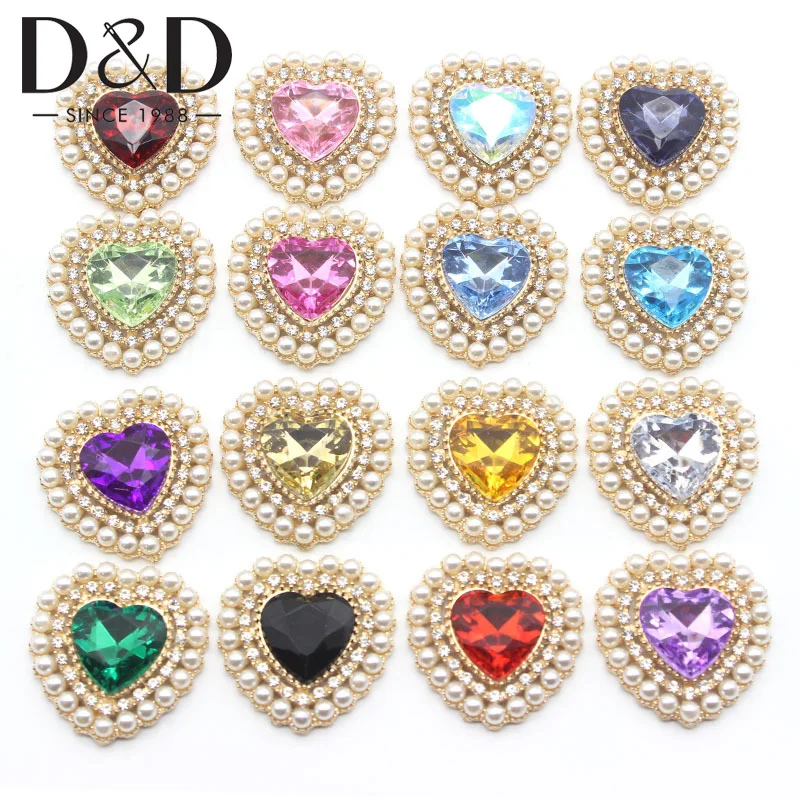 5Pcs/Set 27MM Heart Flat Alloy Rhinestone Buttons For Clothing Decoration DIY Handmade Jewelry Headband Wedding Decoration