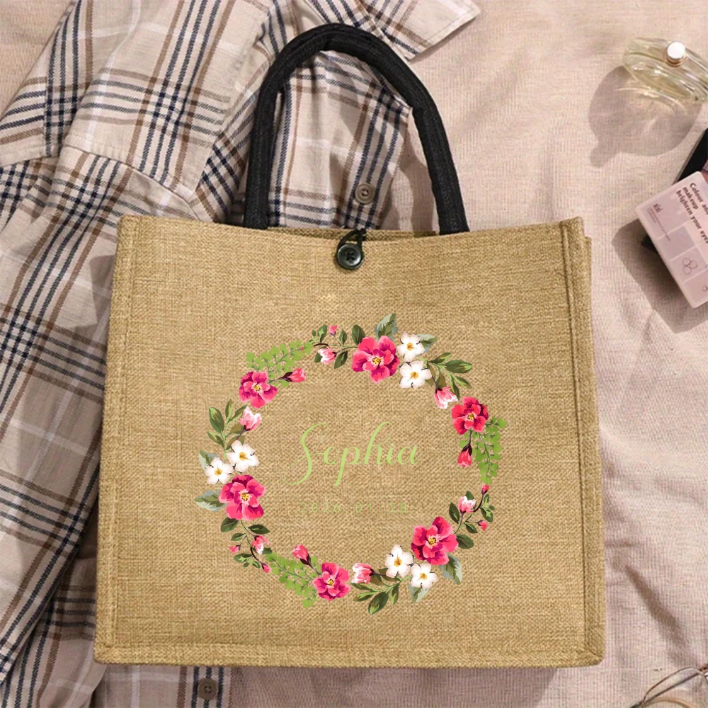 Nanny Jute Tote Bag Floral Wreath Print Large Capacity Reusable Shopping Handbag Ideal Gift For Nanny Daily Work Use