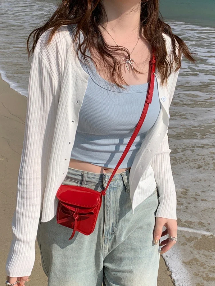 Novedad de verano para mujer, cárdigan coreano elegante de punto de manga larga, suéter informal para mujer, camisetas sin mangas a la moda, nuevas camisetas informales ajustadas para mujer