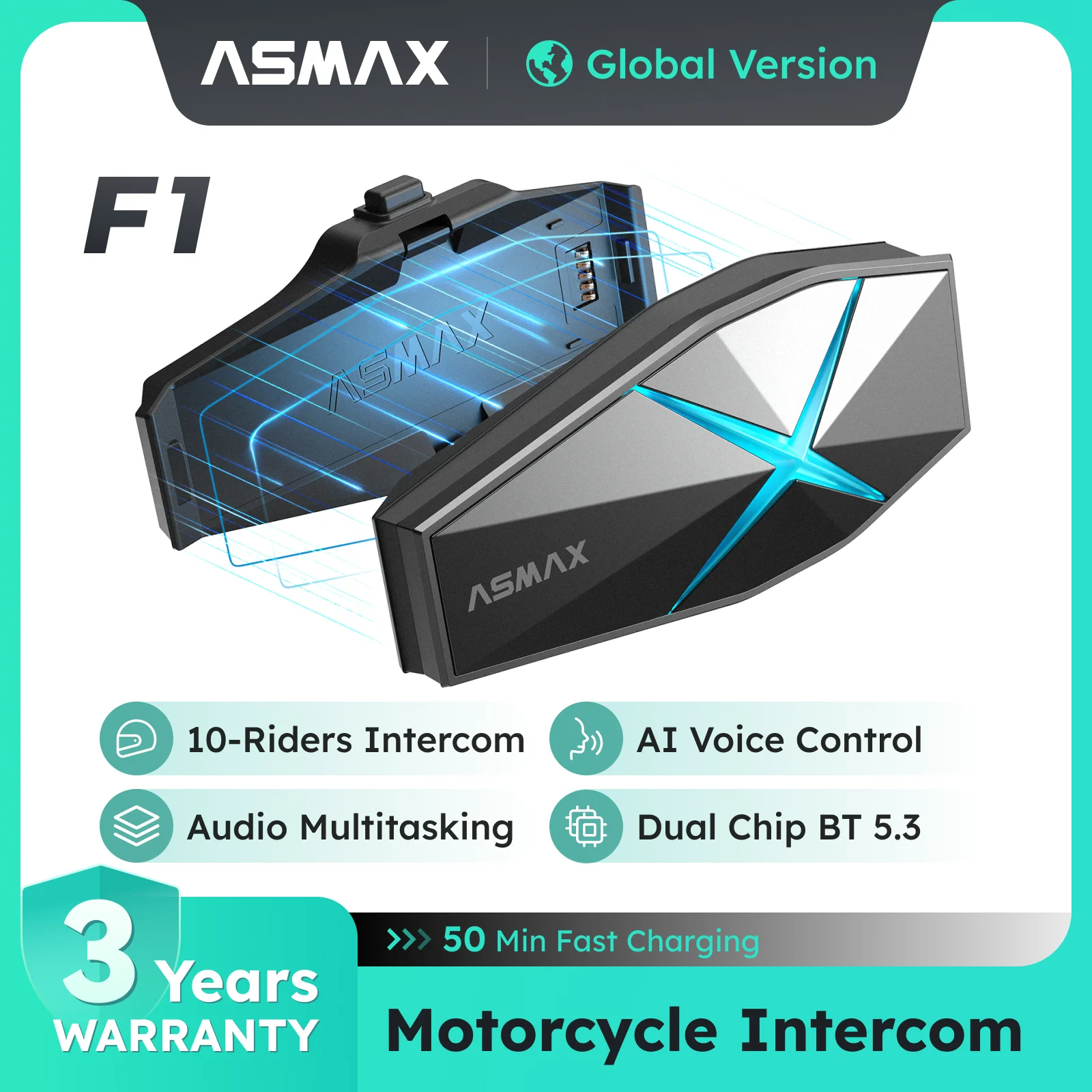 

ASMAX F1 Bluetooth Motorcycle Intercom 10-Rider Group Communication, Voice Command, IP67 Waterproof, Hi-Fi Speakers, BT 5.3