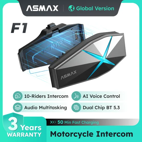 Imagen 1 del producto ASMAX F1 Intercomunicador Bluetooth para motocicleta Comunicación en grupo de 10 conductores, Comando de voz, IP67 resistente al agua, Altavoces Hi-Fi, BT 5.3 Compartir música