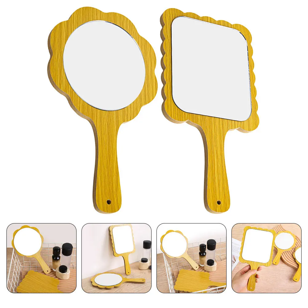 

2Pcs Hand-Held Mirrors Wooden Frame Portable Makeup Mirror Lightweight Clear Mirror for Home and Travel