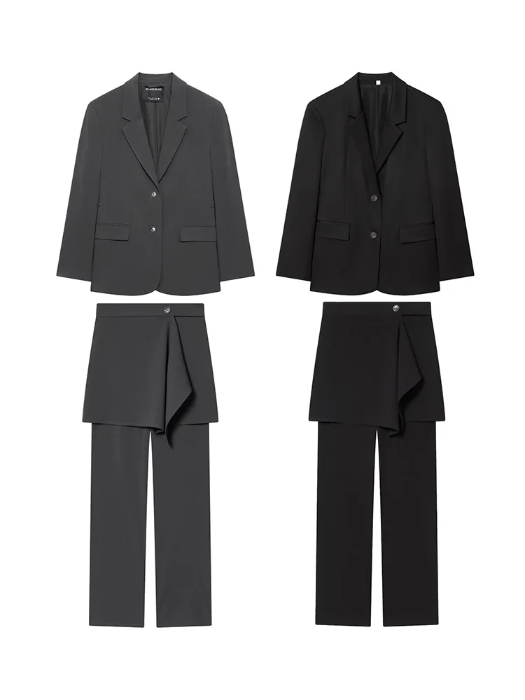 

HH Women Fashion Lapel Belt Decoration Long-Sleeved Solid Single-breasted Leisure Suit Jacket+Skirt Design Straight Leg Pants