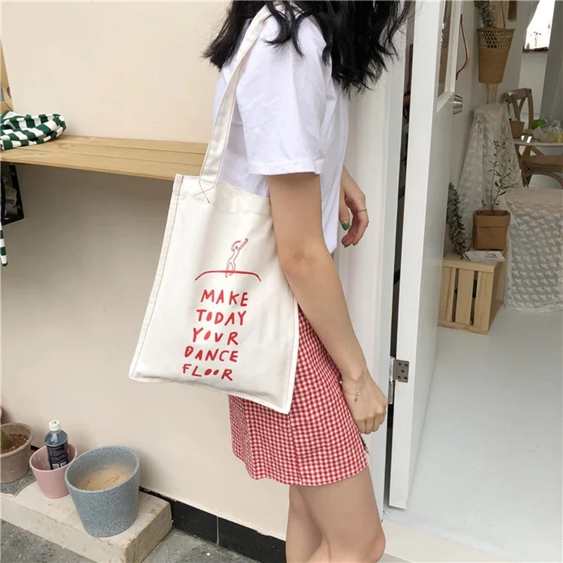 Youda Women\'s Korean Simple Handbag Red Letter Printing Art Reusable Shoulder Bags Summer Ladies Canvas Book Shopping Totes Bag