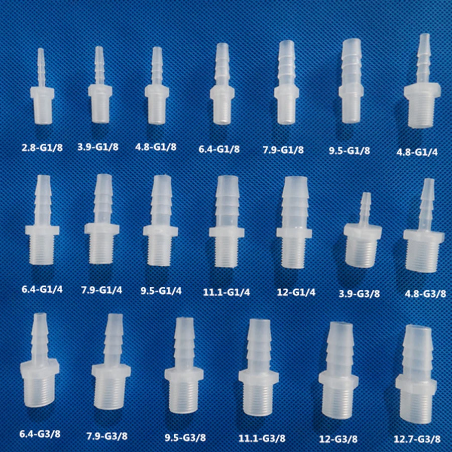 Joint de tuyau barbelé en plastique Wildoda, adaptateur de tuyau en silicone, 1/8, 1/4, 3/8 BSP mâle vers 2.8, 3.9, 4.8, 6.4, 7.9, 9.5, 11.1mm,