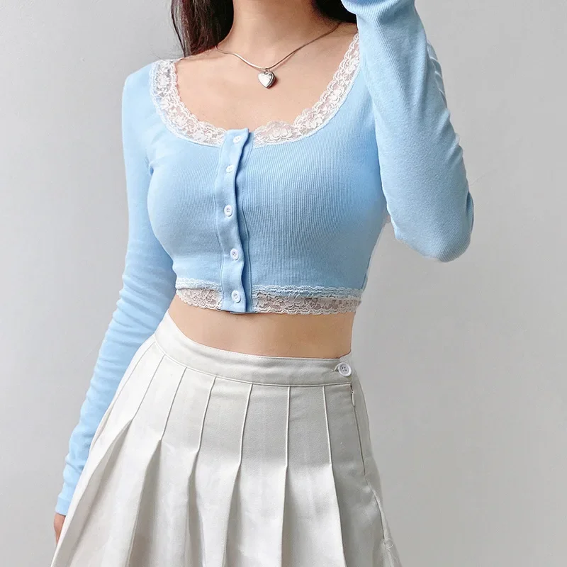 Women Sexy Long Sleeve T Shirts Fashion Lace Ribbed knitting Hollow Crop Tops Slim Elastic Cardigan Tanks Clothes 2024 Autumn