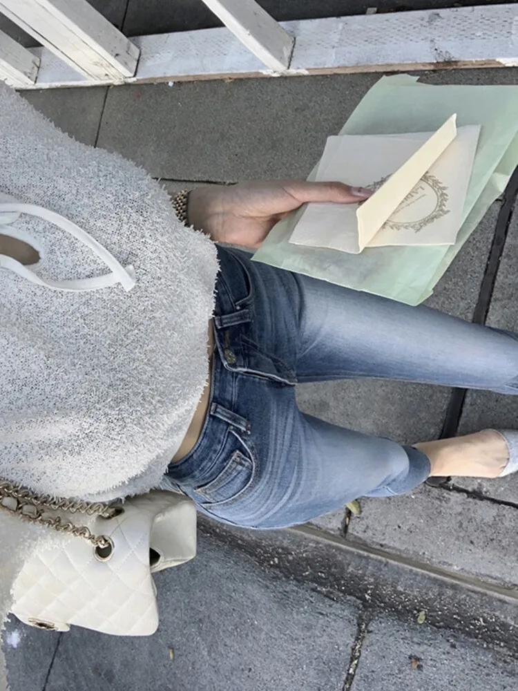 

Faionable Light Blue Skinny Jeans Vintage Waed Faded Tight Pencil Jeans High Waist Cotton Stretch Spring Wear Women's Pre...