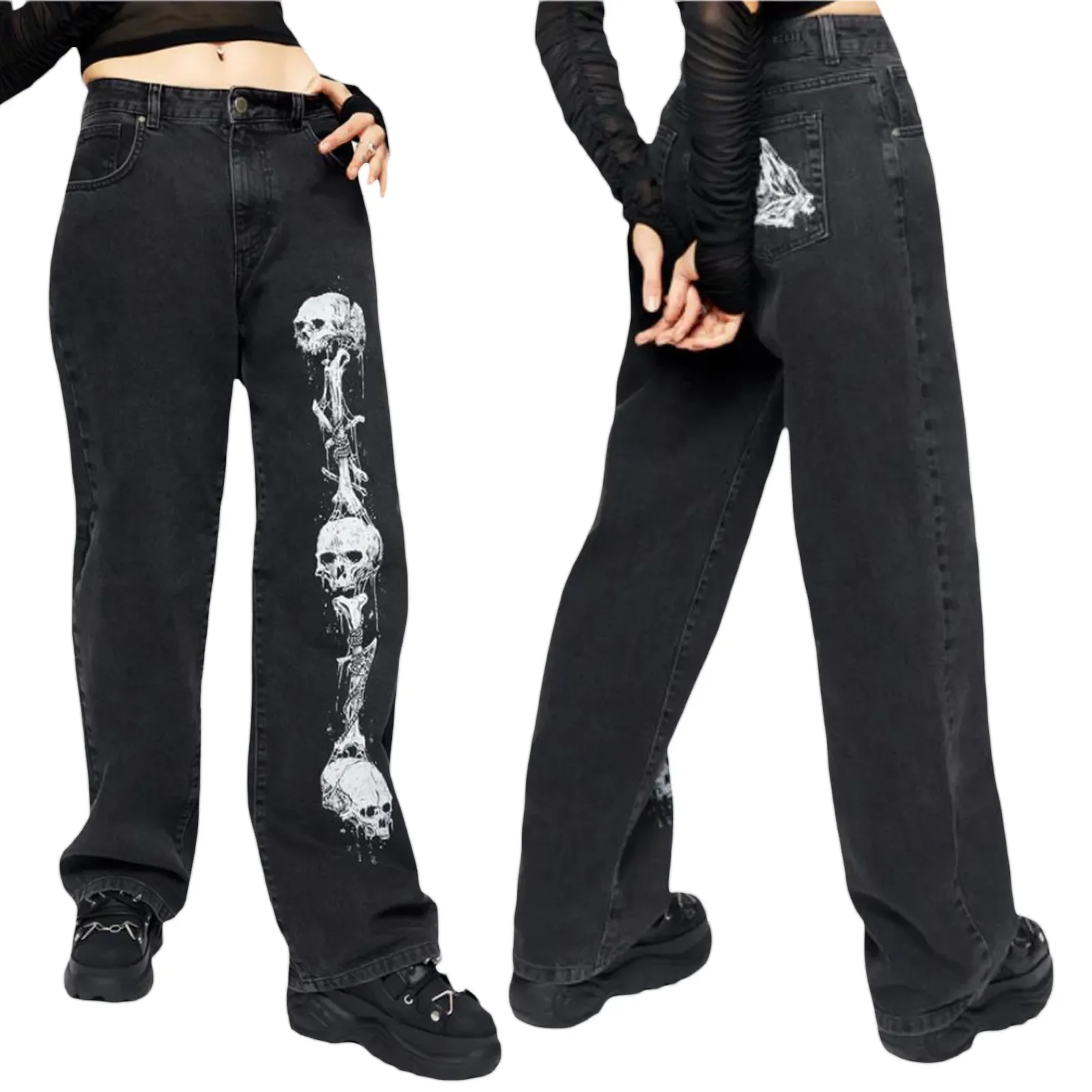 

Halloween Women Y2K Gothic Vintage Baggy Jeans High Waist Skull Print Straight Pants Trousers with Pockets Streetwear Jeans