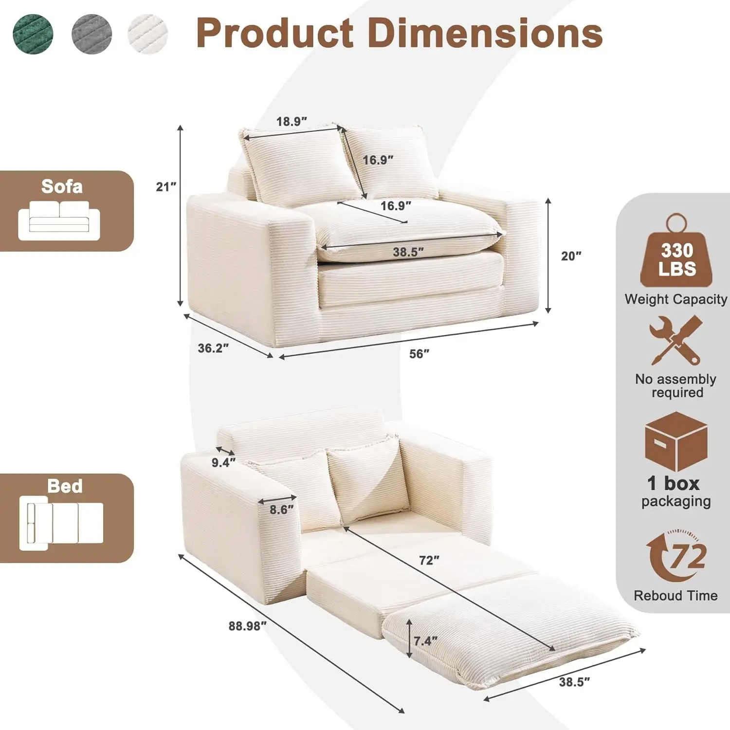 Customized 2 in 1 Convertible 56 Inch Corduroy Pull Out Loveseat Sleeper Sofa Bed Folding Boneless Floor Sofa With Pillows
