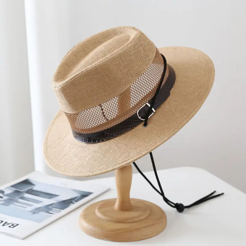 Summer men\'s hat hollow mesh straw beach hat breathable old man cool outdoor sun protection straw beach hat