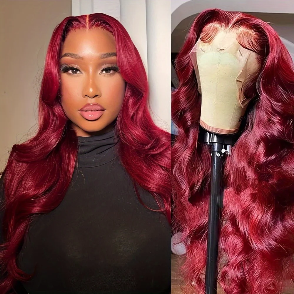 99J Бордовый парик из натуральных волос на кружеве, плотность 250%, 13x4 HD - Парик из натуральных волос с объемной волной для женщин с предварительно выщипанной натуральной линией волос