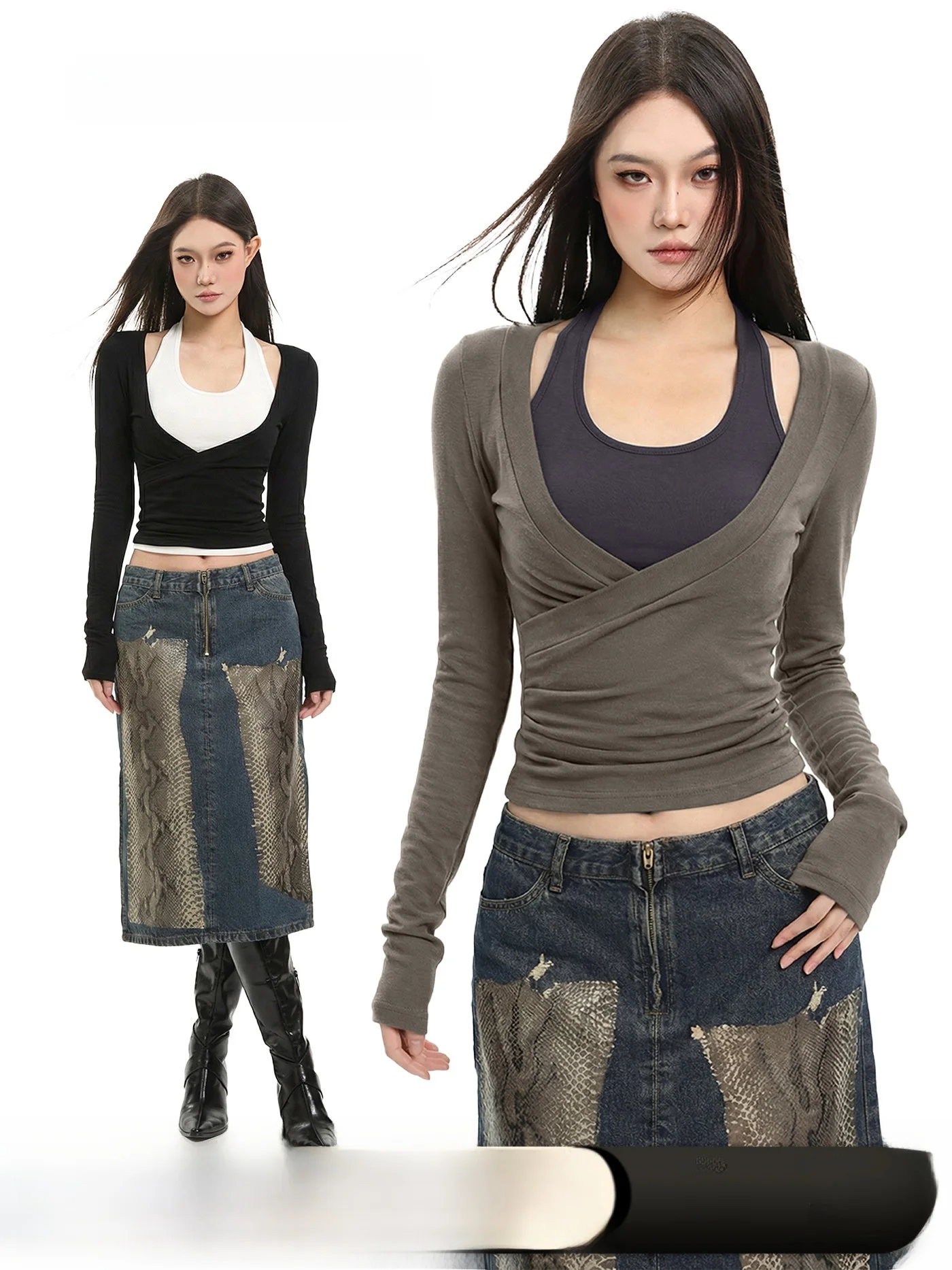 

CCUP SPACE Bla Long Sve Ne Hanging T-irt Women's Slimming Design Top Set Casual Loose Sle Spring Faion Ladies' Wear