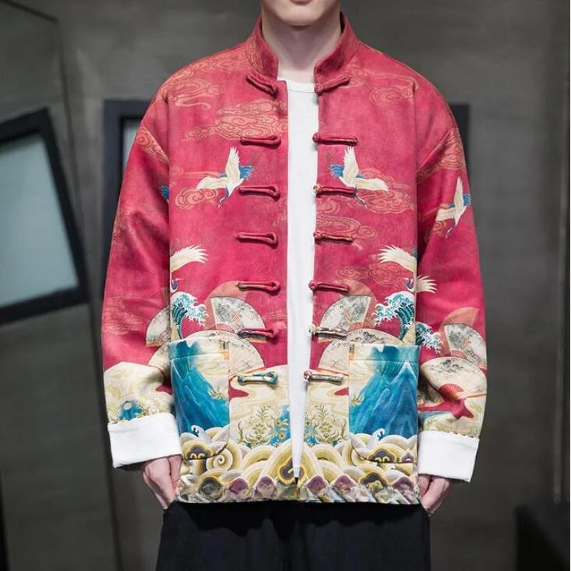 

Китайское замшевое пальто с воротником-дуэтом, свободная посадка, осенне-зимняя верхняя одежда, традиционный костюм Чжангана, большой размер, мужской сгусток...