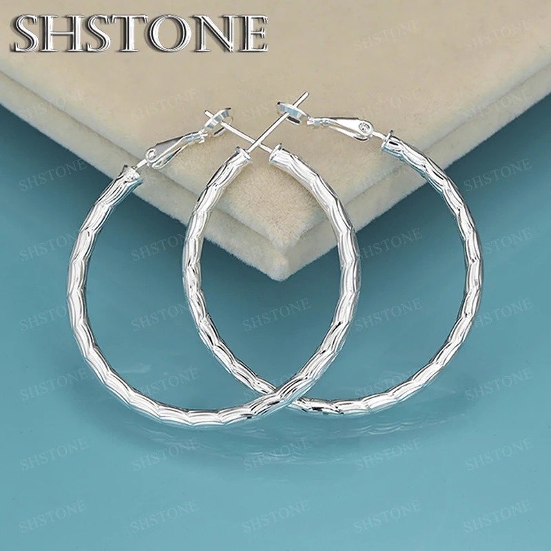 Hot 925 Sterling Silver Engraved Wave Pattern Big Hoop Earrings For Women Party Engagement Wedding Gift Charm Luxury Jewelry