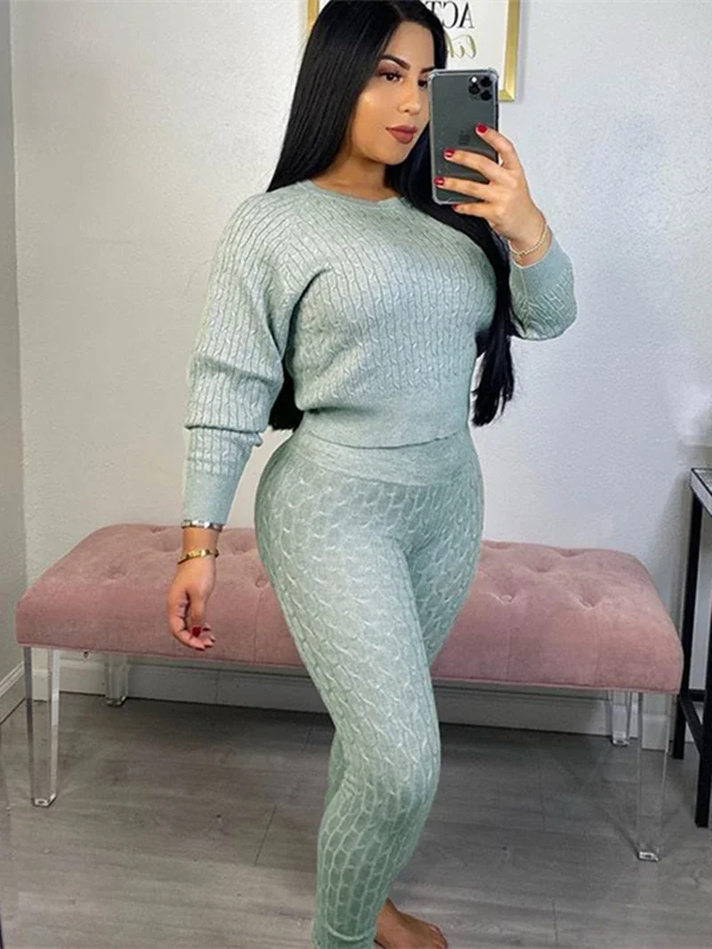 Fashion Knit Ribbed Tracksuit Women Two Piece Set Autumn Clothing Pullover Sweater Top and Pants Sets Womens 2 Piece Outfit Set