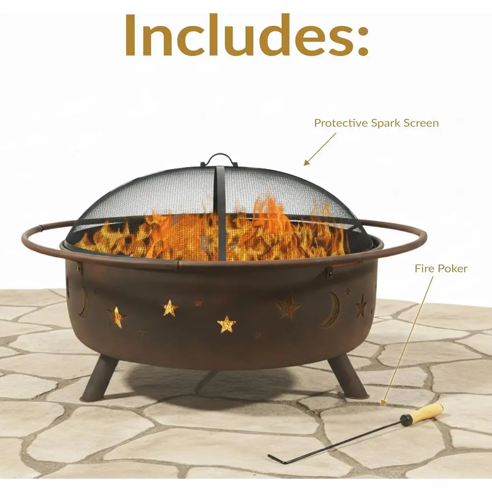حفرة نار كبيرة لحرق الخشب في الهواء الطلق مقاس 42 بوصة مع شاشة شرارة مستديرة، بوكر، وشبكة مدمجة #3