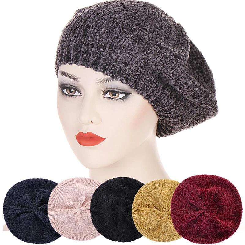 New Fashion Women Knitted Chenille Beret Hats For Lady Winter Berets Autumn Casual Warm Hat Female Solid Color Hats Elegant Caps