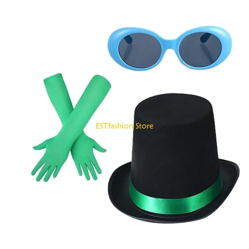 Y5GC 3PCS อุปกรณ์เสริมเครื่องแต่งกายฮัลโลวีนสีเขียวรวมถึงแว่นกันแดดหมวกชั้นนำถุงมือ Satins Long Book Actel