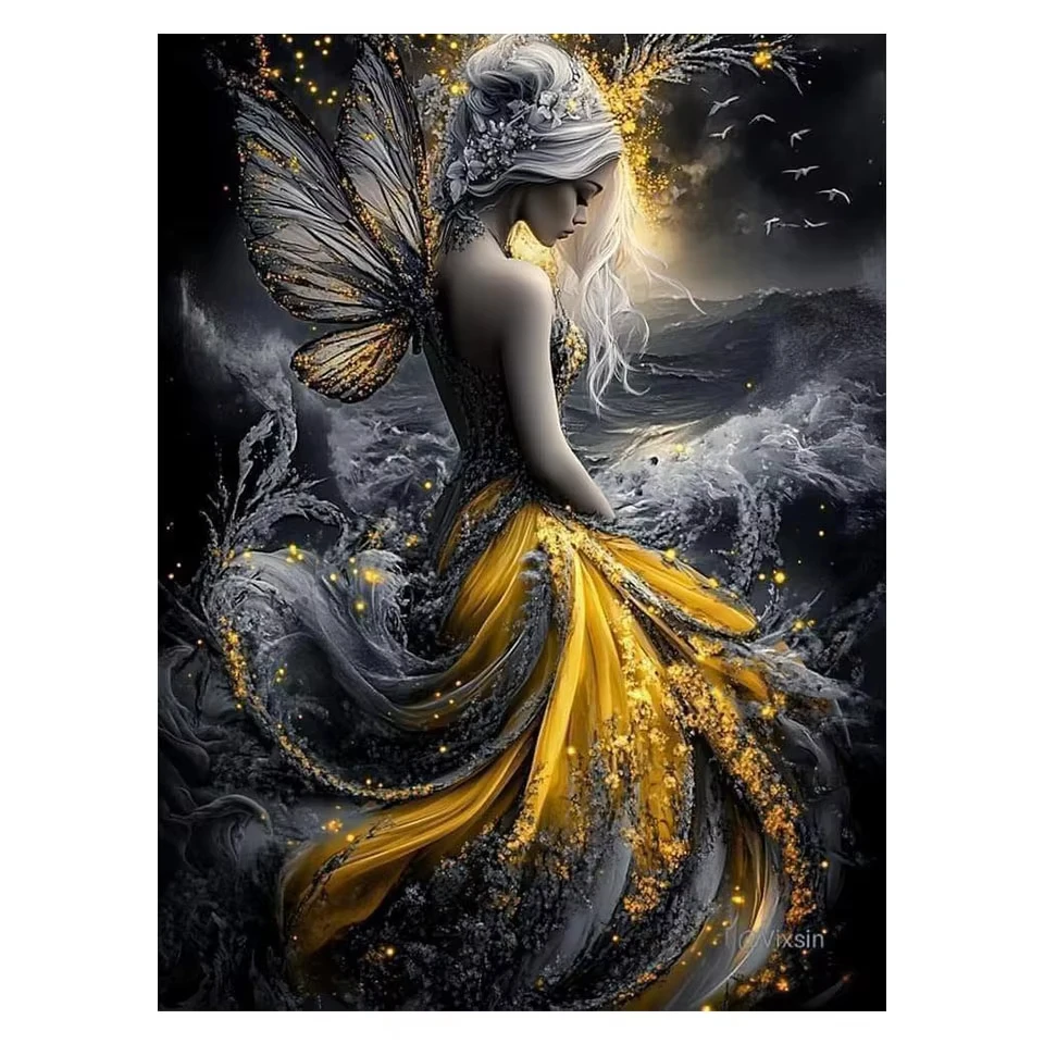 

Black Gold Butterfly Wing Fairy Jigsaw Puzzle, Dark Fantasy Glowing Sparkle Lady Wall Decor Gift Home Leisure Entertainment