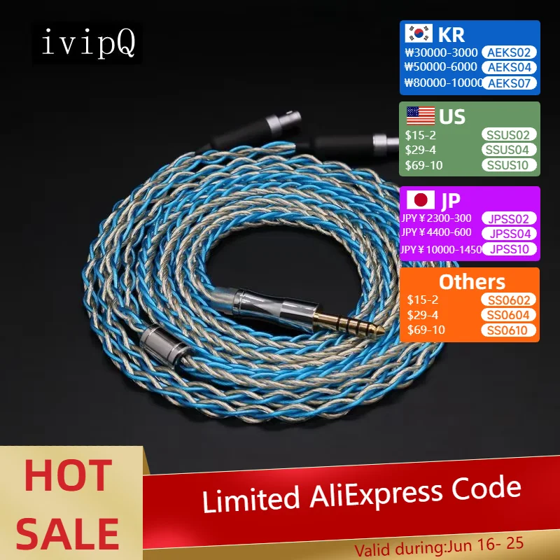 

ivipQ-51 IEM Cable High Purity Earphone Cable For Dioko MK4 IEM HD800 Upgrade Balanced 2.5mm 3.5mm 4.4mm 4PIN XLR Hearphone