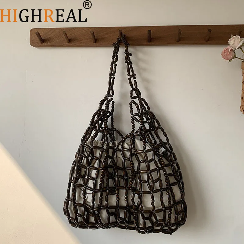 

Women Woven Hand Bag Hollow-out Wooden Bead Bag Bucket Shoulder Bag Female Reticulate Netted Beach Handbag